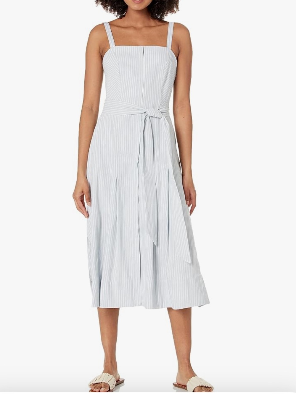 Club Monaco Linen Blend Pale Blue and White Striped Midi Dress with Waist Tie
